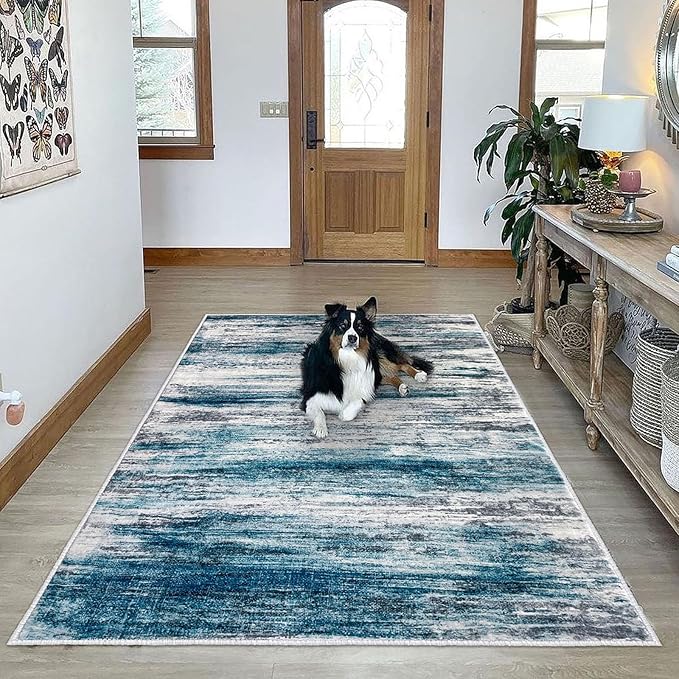 KOZYFLY Area Rug 9x12 Modern Ombre Living Room Rug, Washable Large Thin Rugs Non-Slip Soft Striped Rug for Bedroom, Print Blue Abstract Carpet for Laundry/Kid Room
