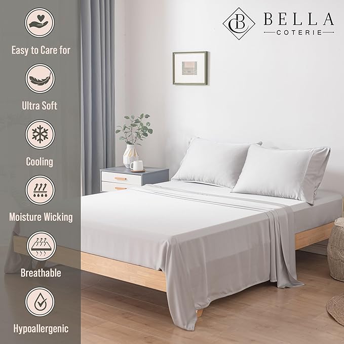 Bella Coterie Luxury Bamboo Viscose Split King Size Sheet Set | 100% Organically Grown | Ultra Soft | Cooling for Hot Sleepers | 18" Deep Pocket [Grey Mist]