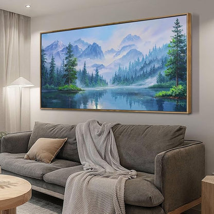 Ardemy Lake Canvas Wall Art for Living Room Large Framed Teal Landscape Pictures Bedroom Wall Decor Textured Misty Forest Scenery Paintings Artwork for Walls Home Office, 58"x29"