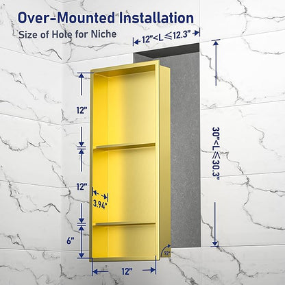 Stainless Steel Shower Niche Gold 30" X 12" with 3-Tiers Shelf No Tile Needed Niche Shower for Bathroom Storage Recessed Wall Shelf Over Mount Installation