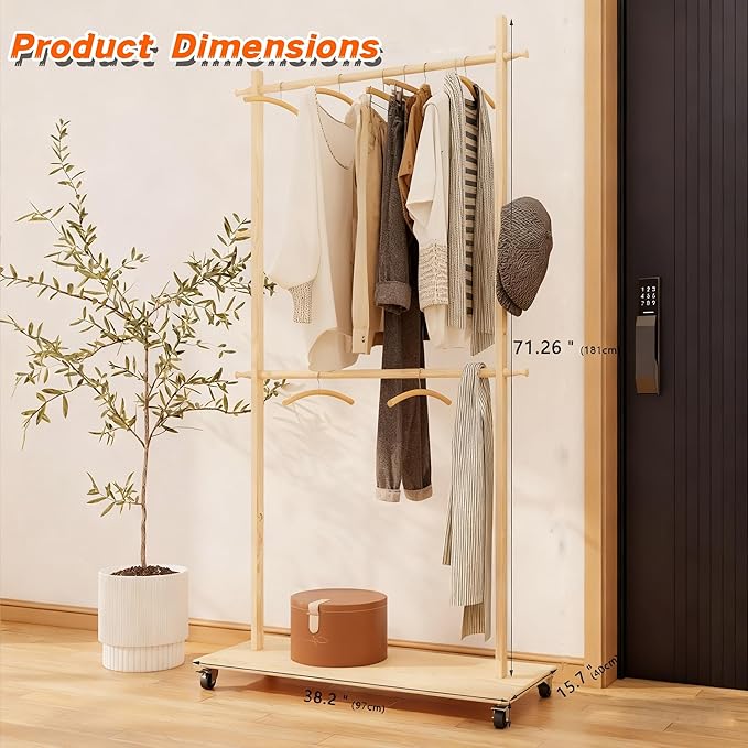 Solid Wood Coat Rack with 6 Hangers & Wheels, Freestanding Garment Rack with Shelf & 4 Hooks for Hanging Clothes, Heavy Duty Coat Stand for Hallway, Bedroom