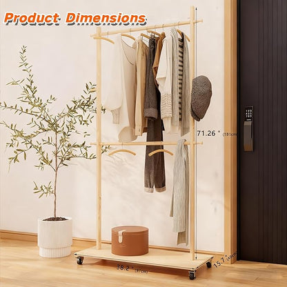 Solid Wood Coat Rack with 6 Hangers & Wheels, Freestanding Garment Rack with Shelf & 4 Hooks for Hanging Clothes, Heavy Duty Coat Stand for Hallway, Bedroom