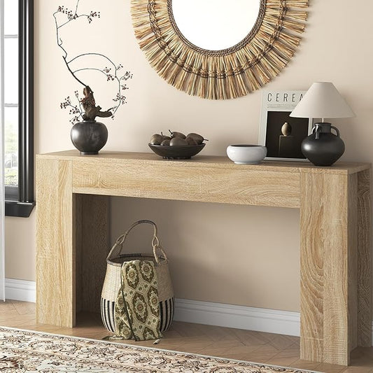 63-Inch Long Console Table with LED Light, Farmhouse Sofa Table Behind Couch, Wooden Console Table for Entryway Hallway Entrance Living Room, Nature