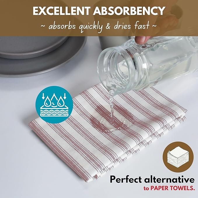 Native Fab Modern Stripe Kitchen Dish Towels, 100% Cotton, Super Absorbent, Quick Drying, 18x26 Inches - Reusable Hand Towels with Hanging Loop for Cleaning, Washing, 4 Pack, Burgundy (Maroon)