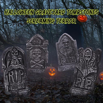 Sizonjoy Halloween Decorations, Foam RIP Graveyard Tombstones, 4 Pack Graveyard Headstone Decorations with 8 Bonus Stakes for Lawn Outside Decor (17In)