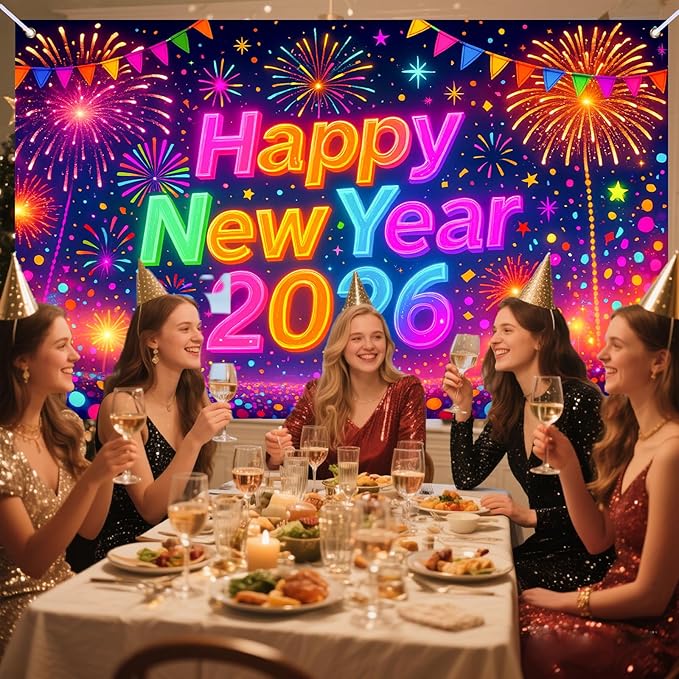 Nuxovilar Happy New Year 2026 Banner, Colorful Backdrop for Party Decorations, 71x43 Inch