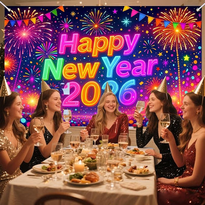 Nuxovilar Happy New Year 2026 Banner, Colorful Backdrop for Party Decorations, 71x43 Inch