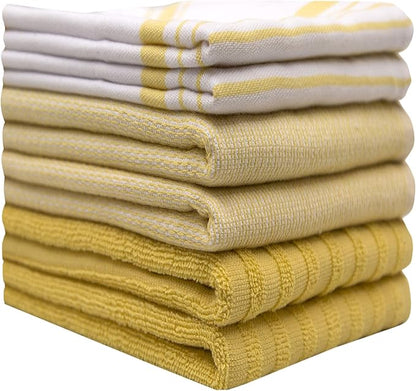 Premium Kitchen Towels (20”x 28”, 6 Pack) | Large Cotton Dish Towels | Flat & Terry Highly Absorbent Kitchen Linen Set with Hanging Loop | Yellow Striped