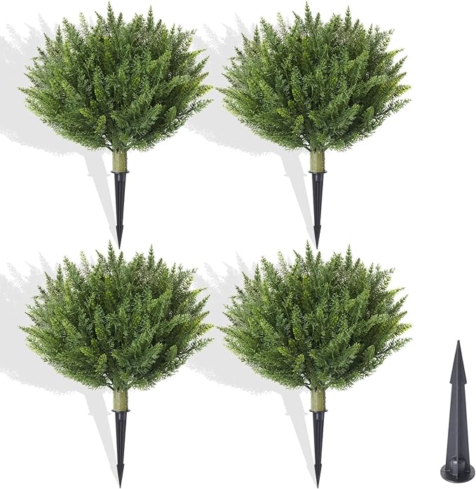 15.7" Fake Shrubs, Artificial Cedar Ball Tree Plant, 4 Packs of Fake Cedar Outdoor shrubs with Ground Spike, UV Resistant Fake shrubs, Used for Indoor and Outdoor Front Porch Gardens