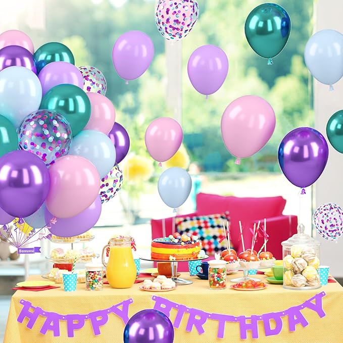 Mermaid Balloons, 12 Inch Pastel Purple and Teal Balloons, Pink Metallic Teal Purple Confetti Balloon Latex Balloon for Girls Mermaid Theme Princess Birthday Baby Shower Party Decorations