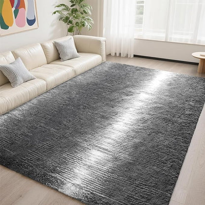DweIke Luxury Fluffy Kids Rugs for Living Room Bedroom, 4x6 Feet Shaggy Grey and White Area Rug for Girls Boys, Upgrade Plush Non-Slip and Washable Colorful Fuzzy Carpet for Dorm Nursery Decor
