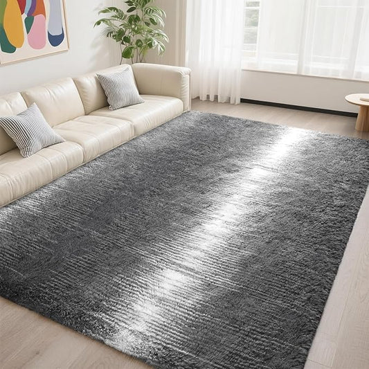 DweIke Luxury Fluffy Kids Rugs for Living Room Bedroom, 4x6 Feet Shaggy Grey and White Area Rug for Girls Boys, Upgrade Plush Non-Slip and Washable Colorful Fuzzy Carpet for Dorm Nursery Decor