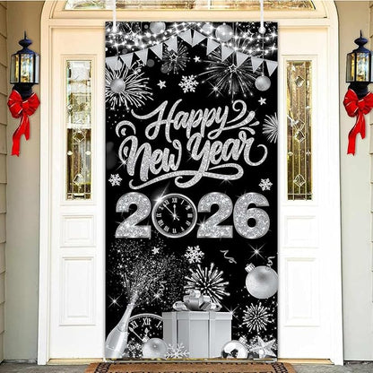 Black Silver Happy New Year 2026 Door Cover, Large 2026 NYE Front Door Banner New Year Eve Party Backdrop Decoration for Indoor Outdoor Festive NYE Hanging Sign