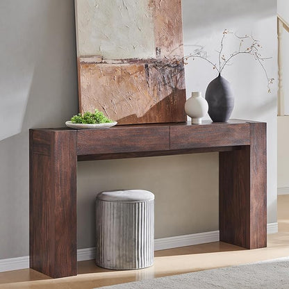 OKD Modern Entryway Console Table, Sofa Table with Drawers, 63" Long Hall Table Behind Couch, Thick Wood Design for Living Room, Hallway - Dark Walnut