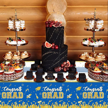 chiazllta Set of 3 Graduation Tablecloths Class of 2025 Congrats Grad Blue Graduation Party Tablecover Decorations Party Supplies Large Size Plastic 54"x108"(Blue & Gold)