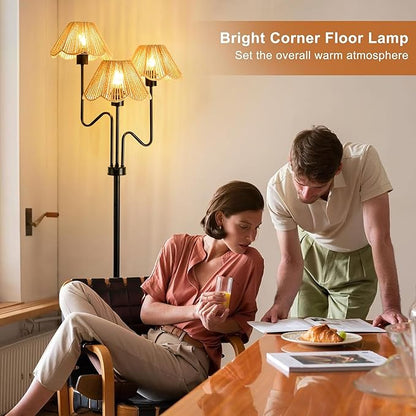 Rattan Floor Lamp for Living Room Bedroom,3-Light Floor Lamp with Remote Control,Boho Flower Lamp Black Tree Standing Lamp with 3 Color Temperature Tall Floor Lamps for Bedroom Corner