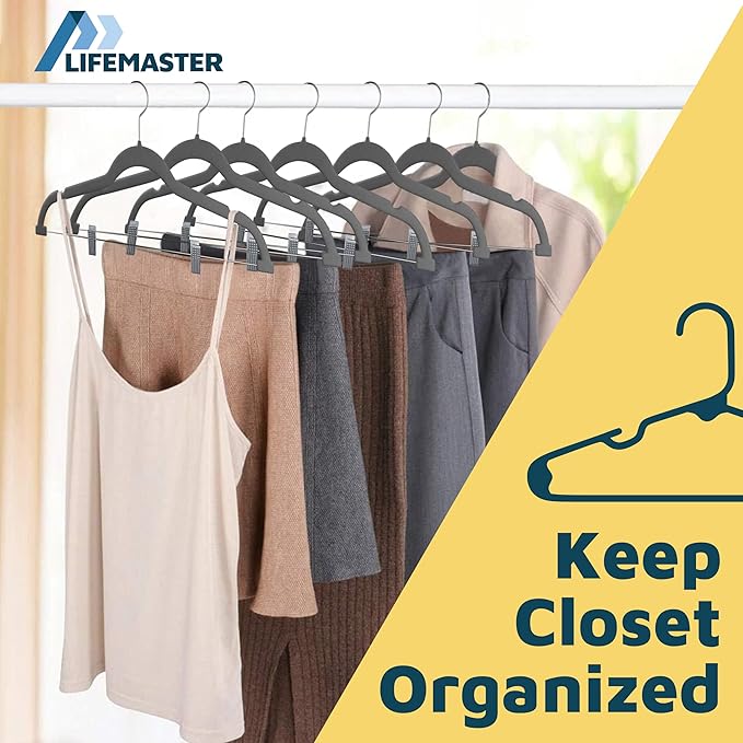 Velvet Skirt Hangers – with Adjustable Clips, 360 Degree Swivel Hook, and Non-Slip Shoulder Notch, Holds Up to 10 lbs, for Organizing Skirt, Pants, Dress, and Clothes, Pack of 50, Gray