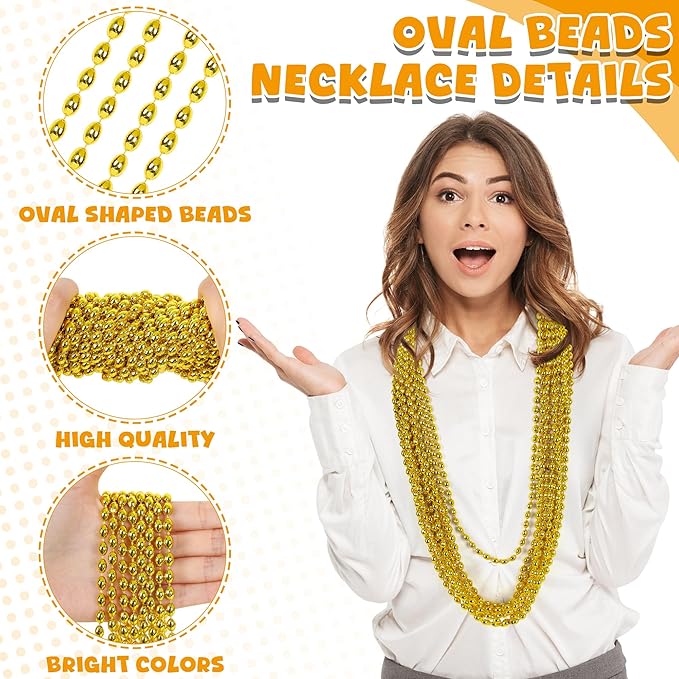 24PCS Gold Bead Necklaces, Metallic Oval Beaded Necklace Bulk, 32" Necklaces Costume Mardi Gras Beads, Festival Parade Throw Accessories for Wedding Birthday Pirate Theme Christmas Party Favors Decor