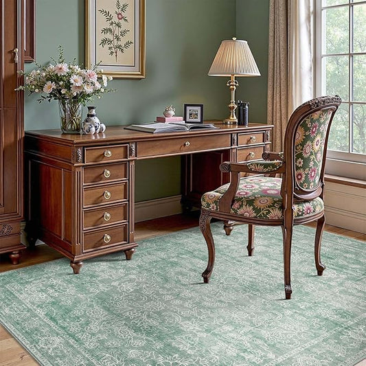 jinchan 4x6 Green Area Rugs for Living Room – Machine Washable Vintage Floral Soft Stain Resistant Low Pile Rug,Non Slip Ultra-Thin Carpet for Bedroom,Dining Room,Home Office,Nursery (4'x6',Lvory)