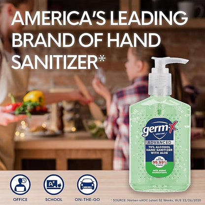 Germ-X Advanced Hand Sanitizer with Aloe and Vitamin E, 8 Fl Oz (Pack of 6), Less Drying Moisturizing Gel, No Rinse Formula, Pump Bottle