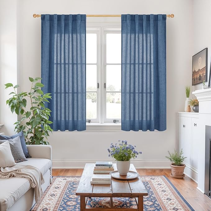 YoungsTex Navy Blue Linen Curtains 45 Inch Length, Short Semi Sheer Drapes with Rod Pocket Back Tab Light Filtering Privacy for Bathroom Living Room Window, 2 Panels, 42 X 45 Inch