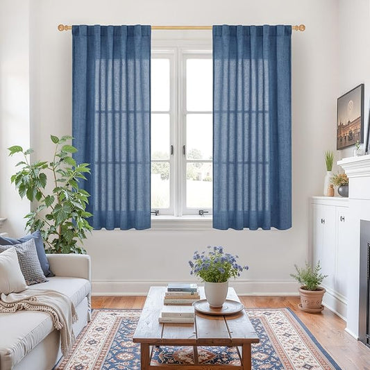 YoungsTex Navy Blue Linen Curtains 45 Inch Length, Short Semi Sheer Drapes with Rod Pocket Back Tab Light Filtering Privacy for Bathroom Living Room Window, 2 Panels, 42 X 45 Inch
