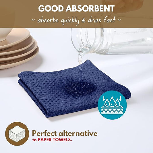 Native Fab Waffle Kitchen Towel - 6 Pack - Absorbent Dish Towel for Cleaning, Drying, and Cooking - 100% Cotton Durable Kitchen Essential for Home Use, Quick Drying Towels, 16x26 inches - Ink Blue