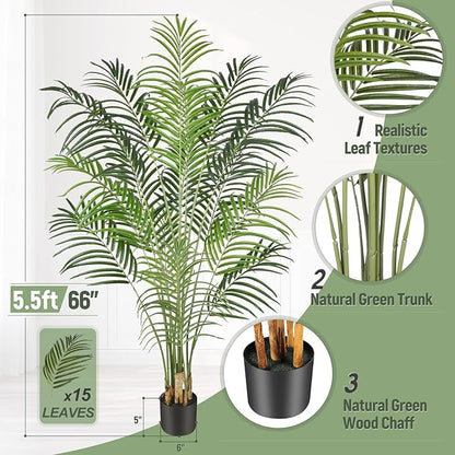 Artificial Palm Tree 5.5ft Tall Fake Palm Tree Indoor Decor with 15 Trunks and Real Bark Design Faux Tropical Areca Palm Silk Floor Plant