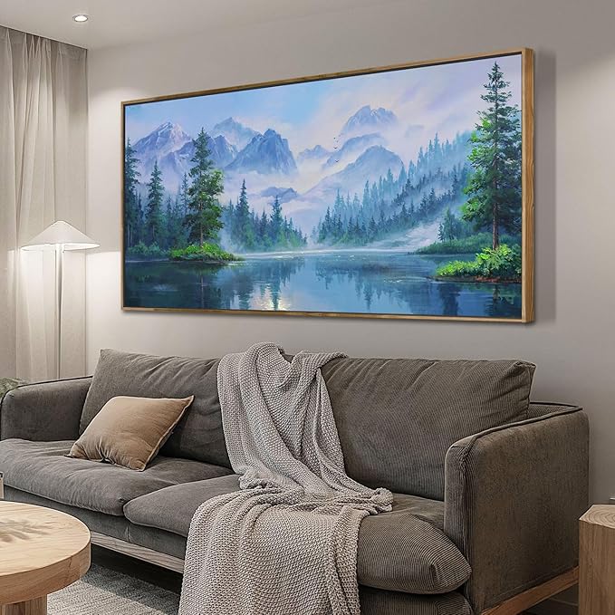Ardemy Lake Canvas Wall Art for Living Room Large Framed Teal Landscape Pictures Bedroom Wall Decor Textured Misty Forest Scenery Paintings Artwork for Walls Home Office, 48"x24"