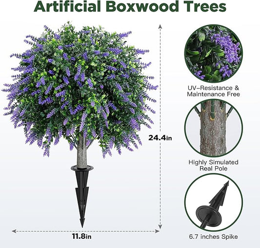 Artificial Lavender Boxwood Topiary Ball Trees Set of 2, UV Resistant Artificial Shrub Bushes with Ground Spike, Fake Evergreen Artificial Plant Bushes for Front Porch, Garden, Indoor, Outdoor