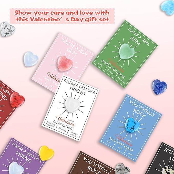 12 Pack Valentine’s Day Gifts for Kids, Valentine’s Day Cards with Heart-Shaped Crystal Gemstones for School Classroom Exchange, Valentine Party Favors&Goody Bag Fillers for Girls and Boys Ages 4–12