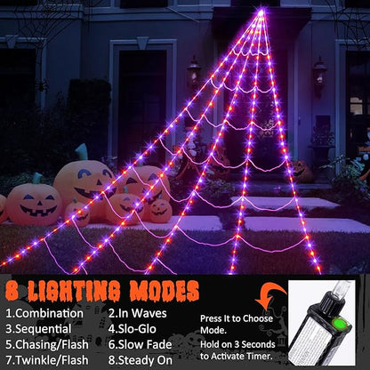 Spider Webs Halloween Decorations Outdoor 290 LED Halloween Spider Web Lights Decoration with 78.7" Large Spider & 3.53 oz Stretch Cobweb 23 Ft Giant Lighted Web with 8 Modes (Purple & Orange)