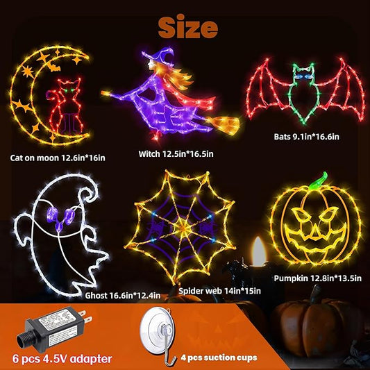 16" Halloween Window Silhouette Lights - 6 Pack Colour Lighted Bat & Witch & Pumpkin & Spider Web & Ghost & Cat on Moon for Holiday Indoor and Outdoor Wall Door Window Decorate