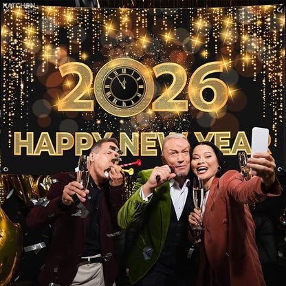 Katchon, Xtralarge Happy New Year Banner - 72x44 Inch | Happy New Year 2026 Banner for New Years Decorations 2026 | NYE Backdrop for New Years Eve Party Supplies 2026 | NYE Decorations 2026