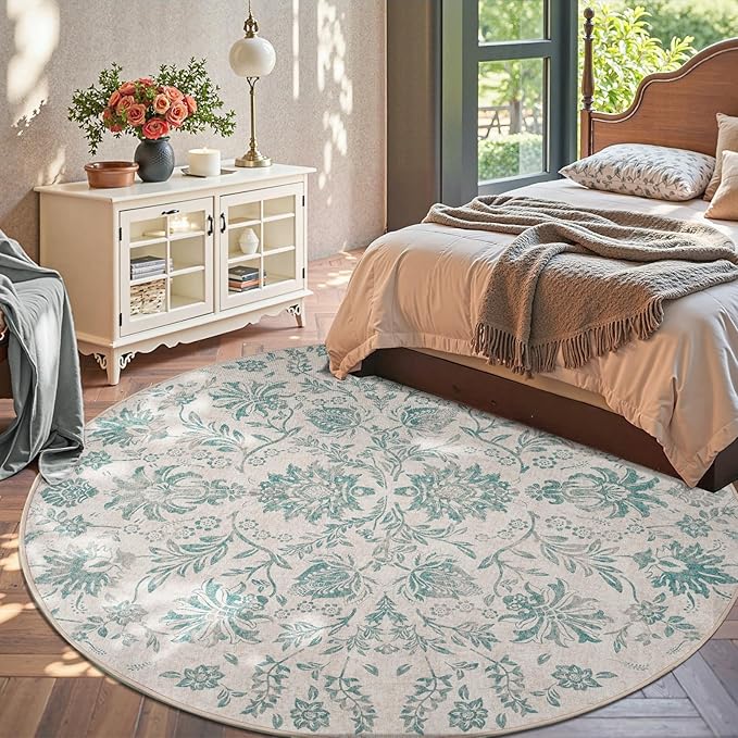 jinchan Classic Floral Round Rug 8ft Vintage-Inspired Design 8’Circle Rug Machine Washable Ultra-Thin Low-Pile Non-Slip Indoor Carpet for Bedroom Dining Room Living Room
