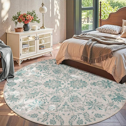 jinchan Classic Floral Round Rug 8ft Vintage-Inspired Design 8’Circle Rug Machine Washable Ultra-Thin Low-Pile Non-Slip Indoor Carpet for Bedroom Dining Room Living Room