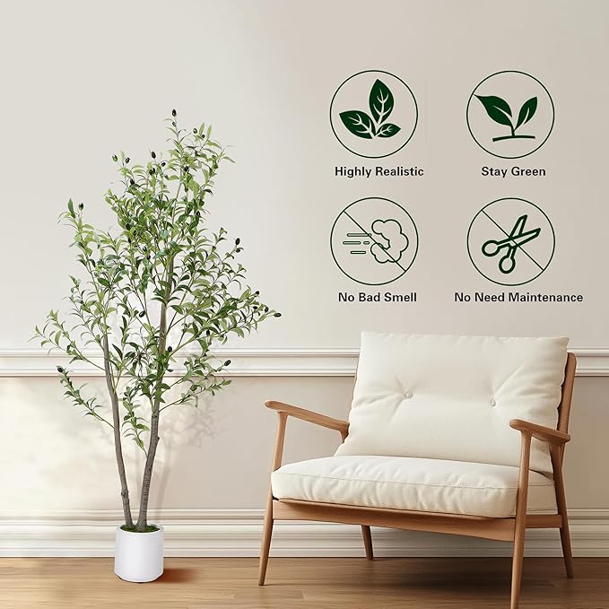 Artificial Olive Tree 5FT, Indoor Fake Silk Plant with Realistic Trunk, Leaves, Fruits and White Planter, Faux Potted Tree for Home Decor and Housewarming Gift, 1 Pack