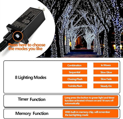 Upgraded 99FT 300 LED Christmas Lights Outdoor & Indoor, Memory Function & Timer & 8 Modes, Mini Green Wire Waterproof Fairy Lights for Christmas Tree Holiday Party Garden Decorations (Cool White)