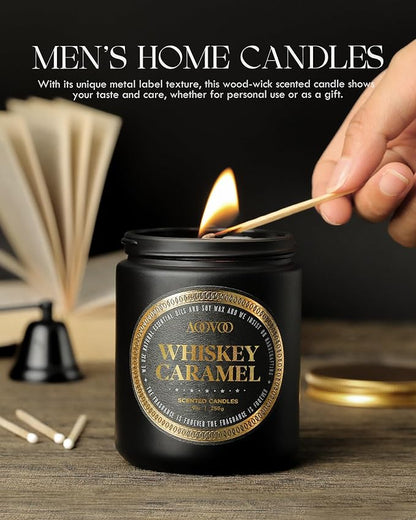 AOOVOO Scented Candles for Men - Premium Whiskey Caramel Candle for Home Scented | Crackling Wood Wick Soy Candles | Strong Fragranced Masculine Black Jar Candle Gift for Women & Men, AO-LZY0157