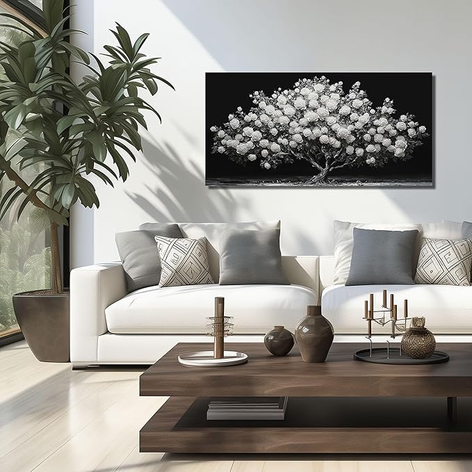 JuhaiArt White Rose Tree Wall Art Bedroom Black Wall Decor Floral Picture for Bedroom Office 20"x 40"