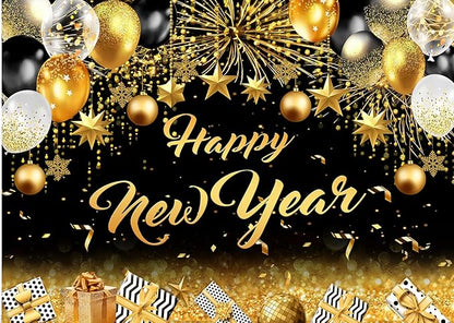 CHAIYA 7x5ft 2026 Happy New Year Backdrop Black and Gold Photography Background New Year Eve Party Decoration SNew Year Holiday Party Banner
