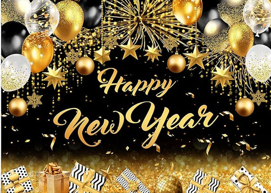 CHAIYA 7x5ft 2026 Happy New Year Backdrop Black and Gold Photography Background New Year Eve Party Decoration SNew Year Holiday Party Banner