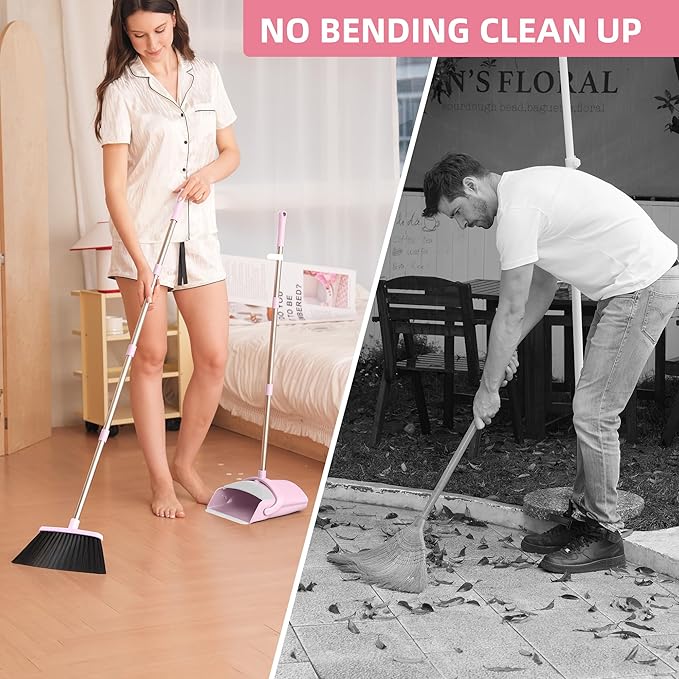 Broom and Dustpan Set, Broom with Dustpan Combo Set for Home 54-in Long Adjustable Handle Dustpan Teeth to Clean Hair for Home Office Kitchen Lobby(Pink)