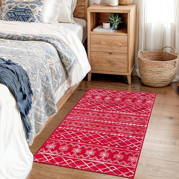 KUTA Christmas Rugs for Entryway, 2x3 Entrance Small Area Rug Red Non-Slip Washable, Ultra Soft Vintage Geometric Low-Pile Indoor Door Mat Floor Carpet for Kitchen