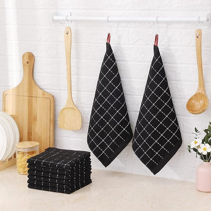Mordimy 100% Cotton Terrycloth Kitchen Towels and Dishcloths Sets, Soft and Absorbent Checkered Dish Towels, Quick Drying Dish Rags for Washing Dishes, 4 Pack 16" x 26" & 4 Pack 12" x 12", Black