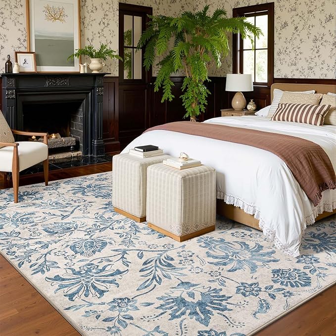 jinchan Floral 8x10 Area Rugs, Vintage-Inspired Design Accent Living Room Rug, Machine Washable Ultra-Thin Low-Pile Non-Slip Traditional Carpet for Bedroom Dining Room Home Office, Dark Blue