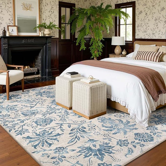 jinchan Floral 8x10 Area Rugs, Vintage-Inspired Design Accent Living Room Rug, Machine Washable Ultra-Thin Low-Pile Non-Slip Traditional Carpet for Bedroom Dining Room Home Office, Dark Blue