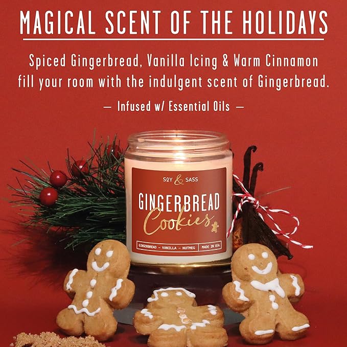 Gingerbread Candle, Christmas Candles Scented ? ?Gingerbread Cookies? Soy Candle, w/Gingerbread, Cinnamon & Vanilla - Infused with Essential Oils I 9oz, 50Hr, Made in USA