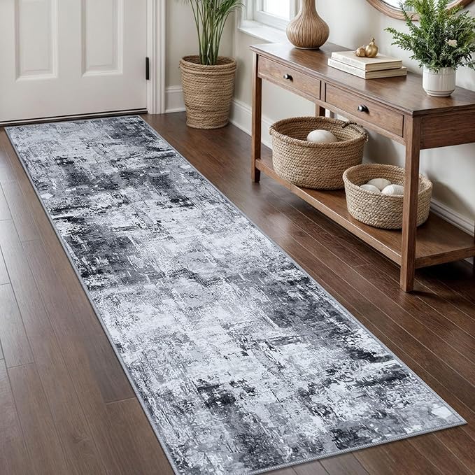KOZYFLY Modern Abstract Rug Runner for Hallway 2x8 Grey/Black Kitchen Runner Rug Non Skid Washable Carpet Runner Laundry Room Mat Soft Fluffy Low Pile Rug for Hallway Entryway Bathroom Bedroom