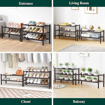 Smiry Bamboo Shoe Rack for Closet, 3 Tier Wooden Stackable Shoe Organizer, Free Standing Shoes Storage Shelf for Entryway, Front Door Entrance, Brown
